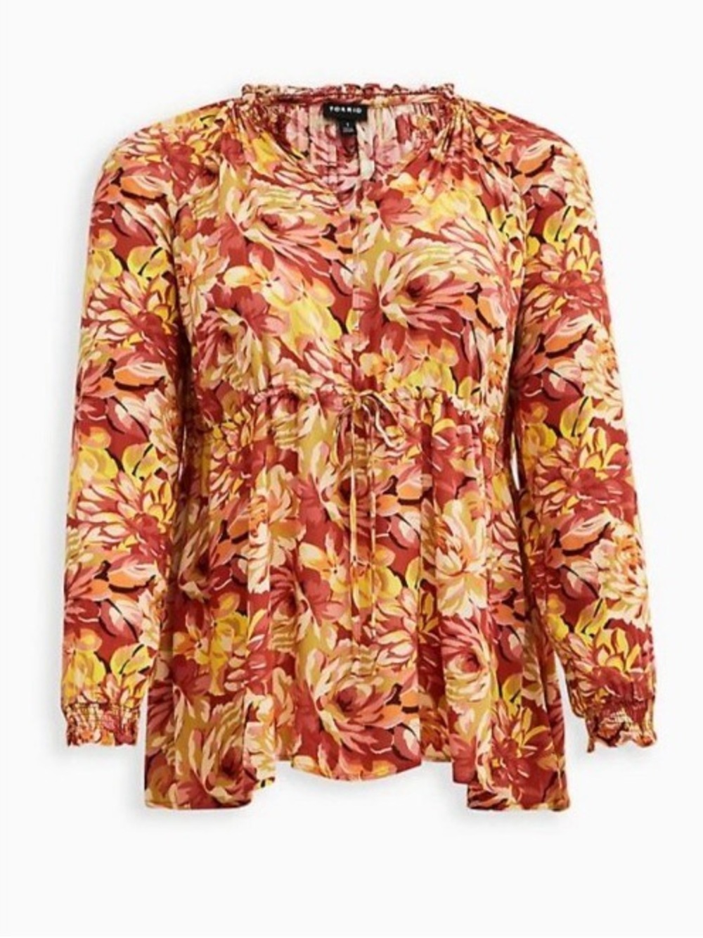 Torrid Tie Front Babydoll Fall Floral Boho Top Long Sleeve Blouse Plus Size 1X